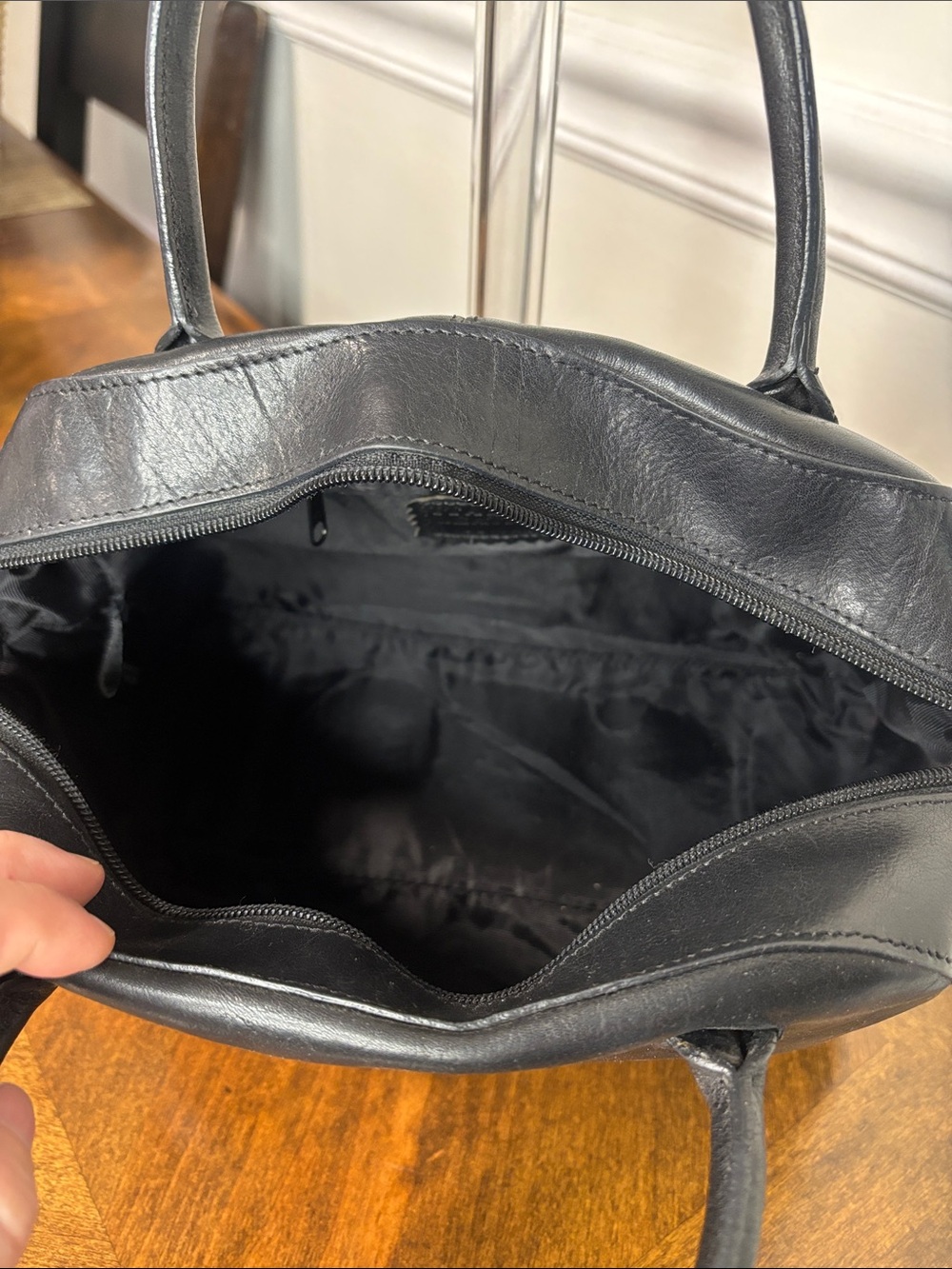 WILSON’S LEATHER Smooth Black Leather Double Top-Handle Satchel with Twilly- EUC - Picture 6 of 16